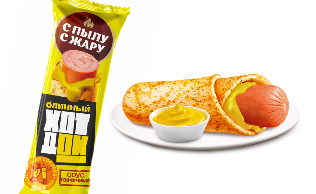 Crepe Hot Dog with mustard sauce, 90 gr. Crepe Hot Dog with mustard sauce, 90 gr.